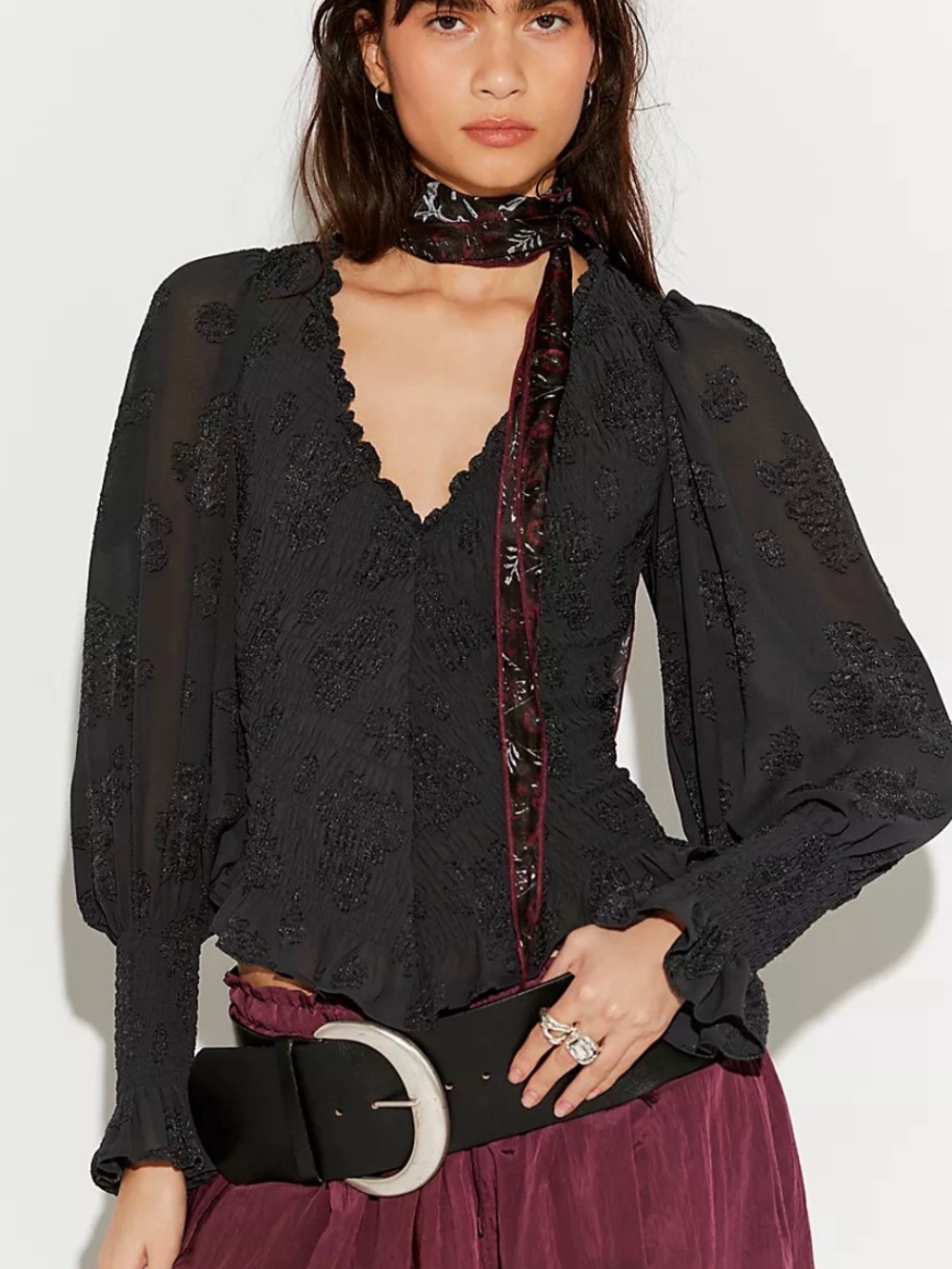 Free People Smocked In Love Long Sleeve Top. NWT. Black